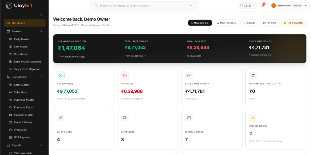 ClayBill dashboard showing receivables, payables, and sales overview